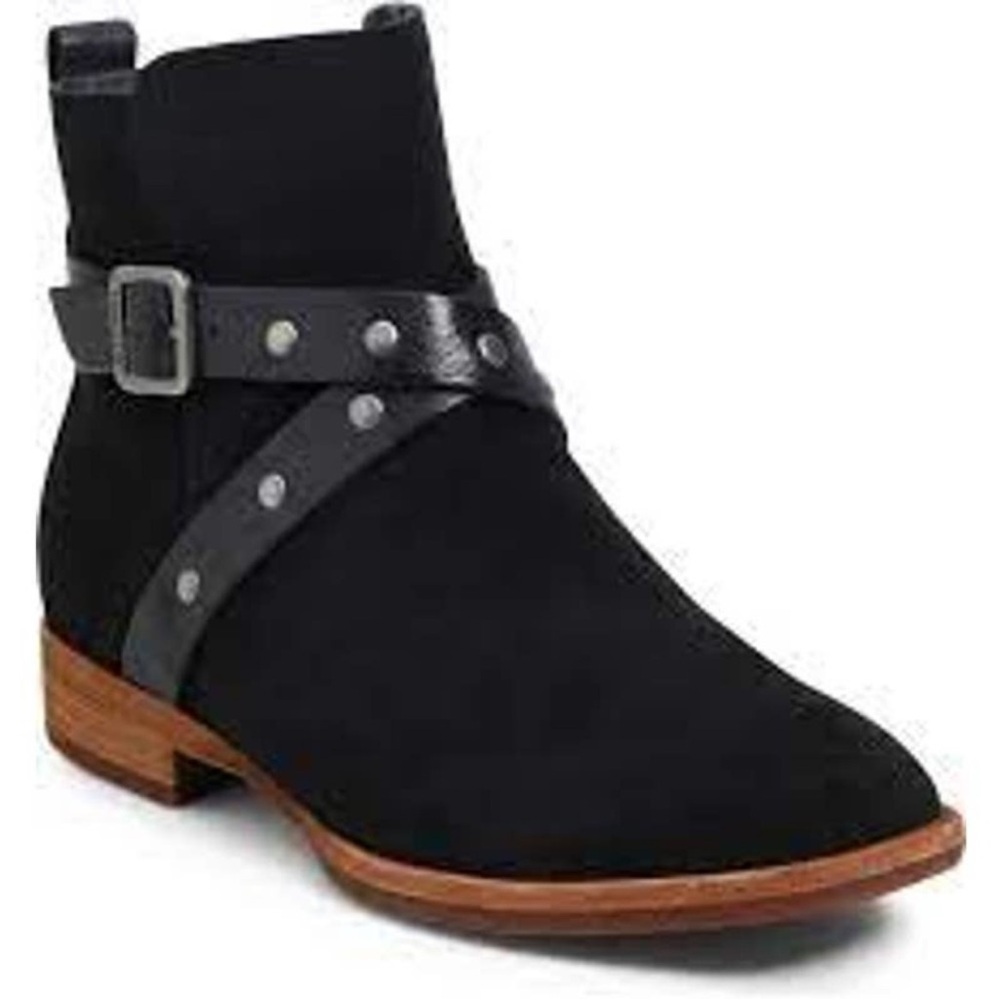 Kork-Ease Black Kanai Suede Ankle Bootie with Buckle Detail